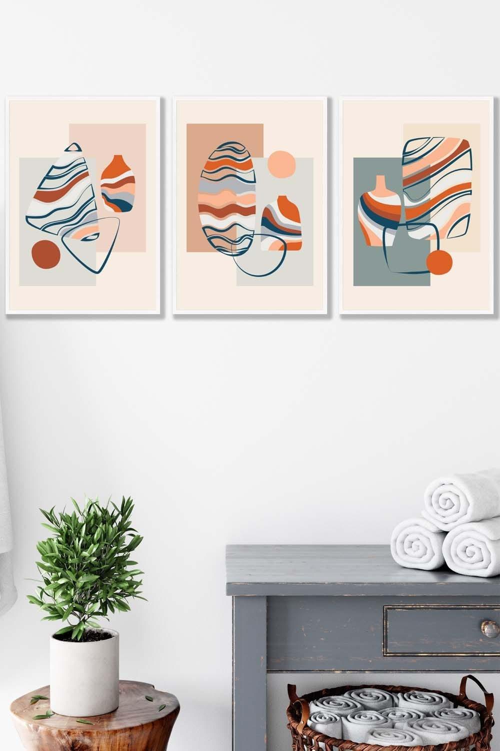 Set of 3 White Framed Boho Modern Abstract in Blue and Orange Wall Art